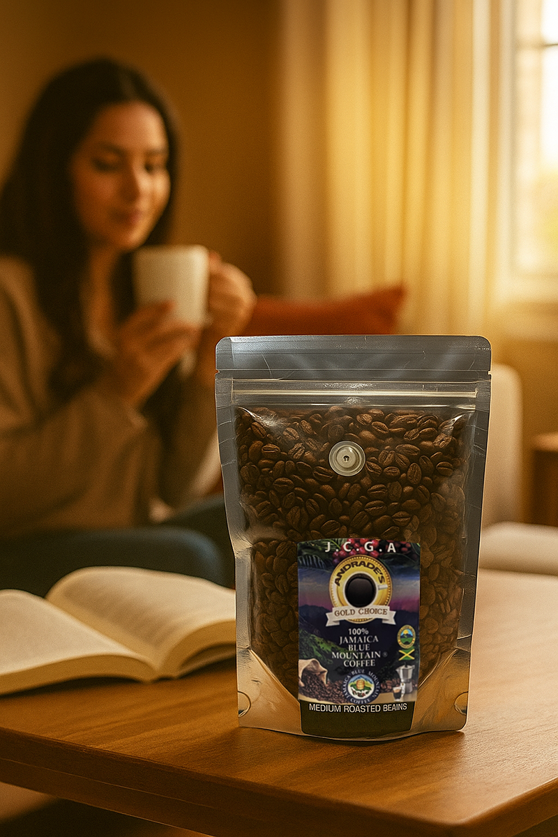 Woman holding a mug with a bag of coffee beans on a table. Single origin Jamaican Blue Mountain coffee beans in a kraft package, paired with a gift-ready brewing kit – the perfect purist coffee experience and a thoughtful Father’s Day gift for 2026.
