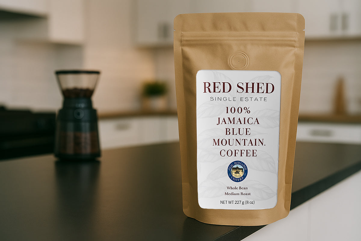Premium Jamaica Blue mountain Coffee package labeled 'Red Shed' on a kitchen counter