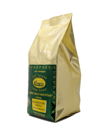 Gold coffee bag with green label featuring 'Old Tyme Coffee Estate' on a white background. which is teasing a new website coming soon