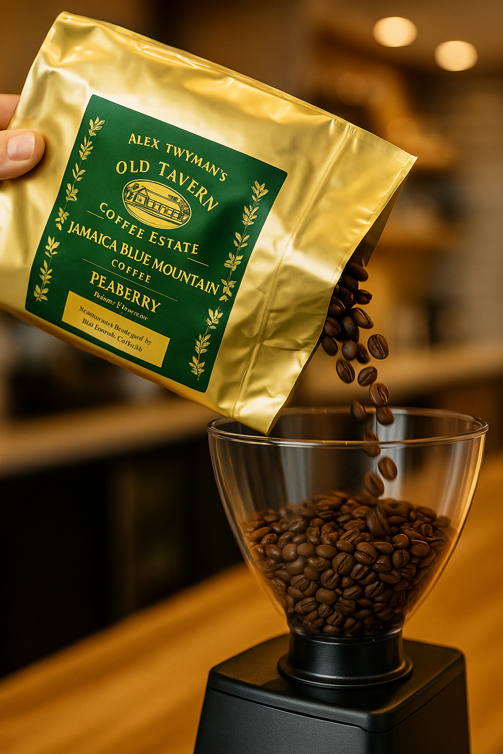 Gold package of Old Tavern Coffee Estate coffee beans being poured into a grinder. which is teasing a new website coming soon