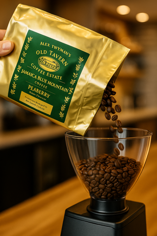 Gold package of Old Tavern Coffee Estate coffee beans being poured into a grinder. which is teasing a new website coming soon