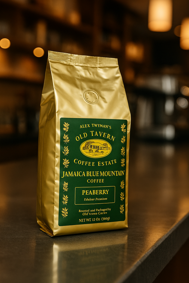 Gold coffee bag with 'Old Tavern Coffee' branding on a wooden surface. which is teasing a new website coming soon