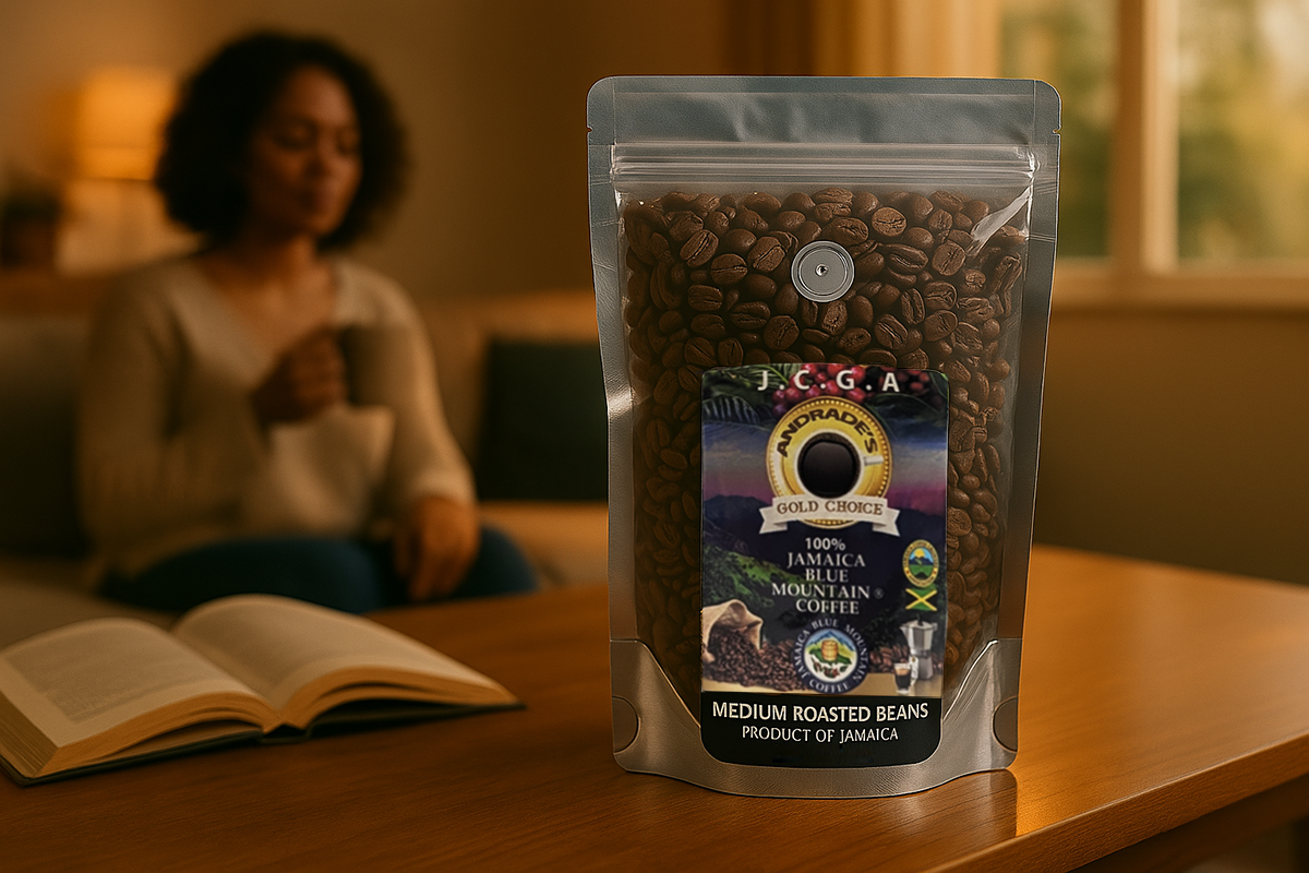 Bag of medium roasted coffee beans with a blurred person reading a book in the background. Single origin Jamaican Blue Mountain coffee beans in a kraft package, paired with a gift-ready brewing kit – the perfect purist coffee experience and a thoughtful Father’s Day gift for 2026.