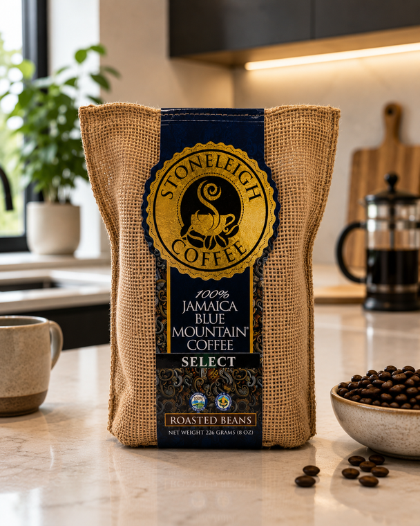 Stoneleigh Authentic Jamaican Blue Mountain Coffee presented in a traditional Jamaican Crocus burlap gift bag. Rich, smooth flavour with cocoa and citrus notes. 80z whole beans.
