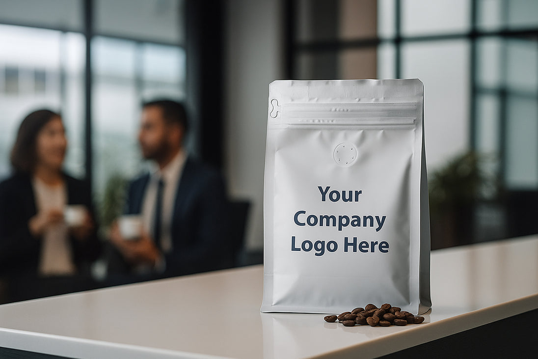 Premium white-label coffee beans in elegant corporate gift packaging, Exclusive white-label coffee beans, perfect for executive gifts, Luxury corporate gift featuring high-quality white-label coffee beans