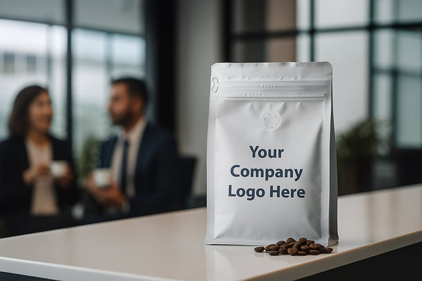 Premium white-label coffee beans in elegant corporate gift packaging, Exclusive white-label coffee beans, perfect for executive gifts, Luxury corporate gift featuring high-quality white-label coffee beans