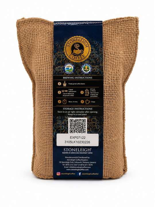 Authentic Jamaican Blue Mountain Coffee presented in a traditional Jamaican Crocus burlap gift bag. Rich, smooth flavour with cocoa and citrus notes. 80z whole beans.