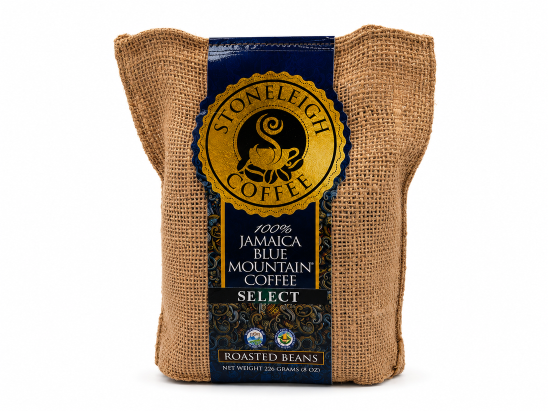 Authentic Jamaican Blue Mountain Coffee presented in a traditional Jamaican Crocus burlap gift bag. Rich, smooth flavour with cocoa and citrus notes. 8oz whole beans.