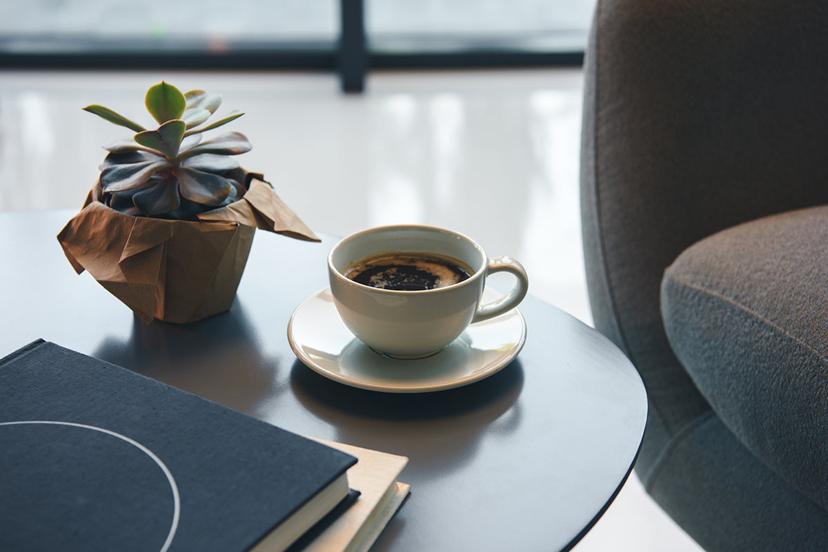 Coffee cup with saucer, small plant, and books on a table with a chair in the background. Top quality coffee, birthday gift trends, father day gift for father, coffee beans, single estate, Jamaica Blue Mountain coffee, mother day gift for mom, organic coffee beans, best coffee beans, birthday gift 2025, purist coffee, best gift ideas, coffee gift ideas, fresh coffee beans, best coffee gift, mother day gift 2026, Christmas coffee, gift for coffee lovers, birthday gift for college, coffee lovers, organic coff