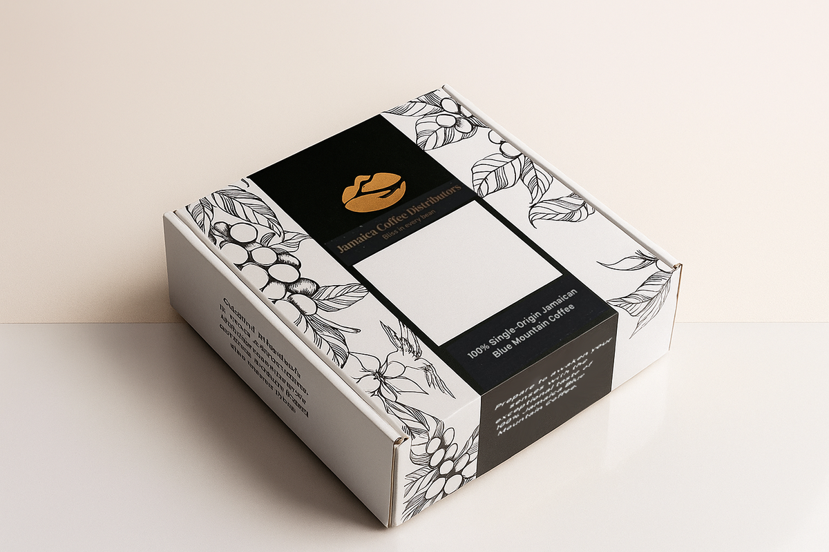 Product packaging box with decorative elements and text on a light background